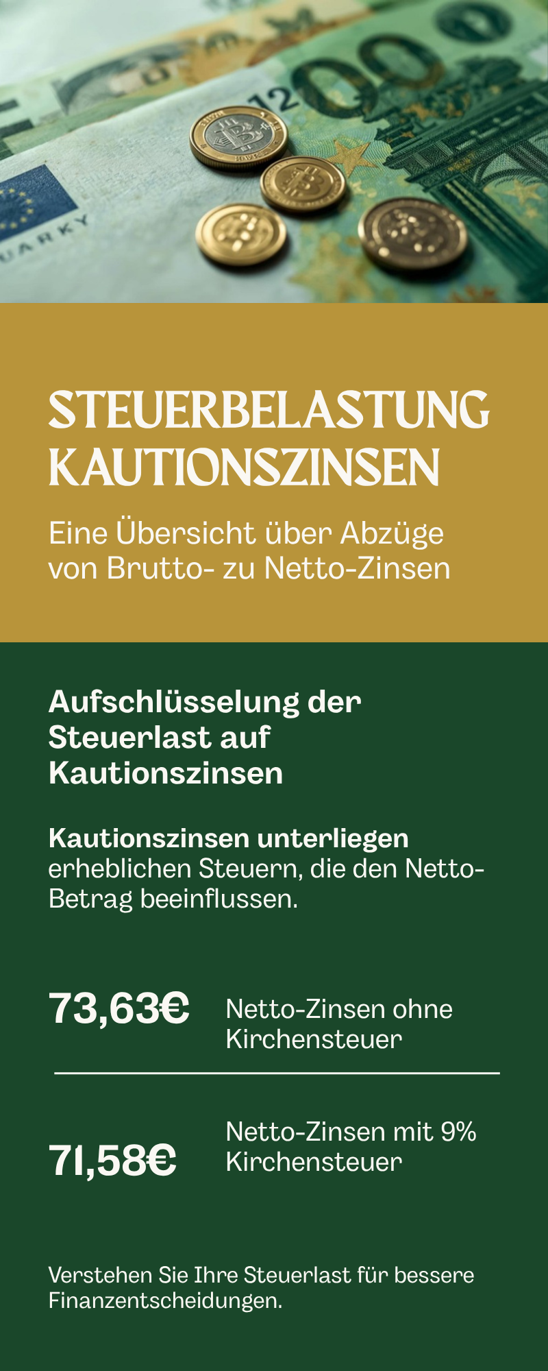 Infografik Abgeltungsteuer auf Kautionszinsen: Steuersatz, Sparerpauschbetrag und Freistellungsauftrag im &Uuml;berblick
