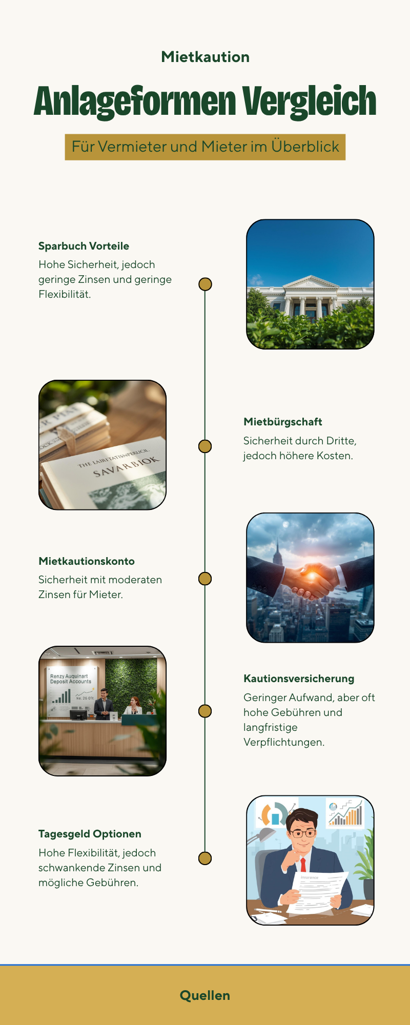 Infografik: Vergleich der Mietkaution-Anlageformen nach § 551 BGB – Sparbuch, Mietkautionskonto, Tagesgeld, Bürgschaft und Kautionsversicherung im Überblick