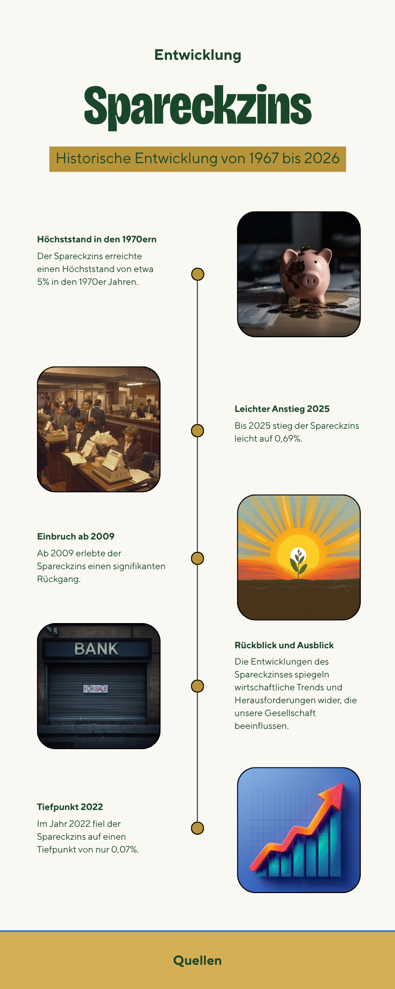Infografik: Entwicklung des Spareckzinses von 1967 bis 2026 mit H&ouml;chststand 5,00 % (1973/74) und Tiefststand 0,08 % (2021)